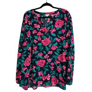 Talbots Woman Navy and Pink Floral Print Split Neck Blouse Size 3X